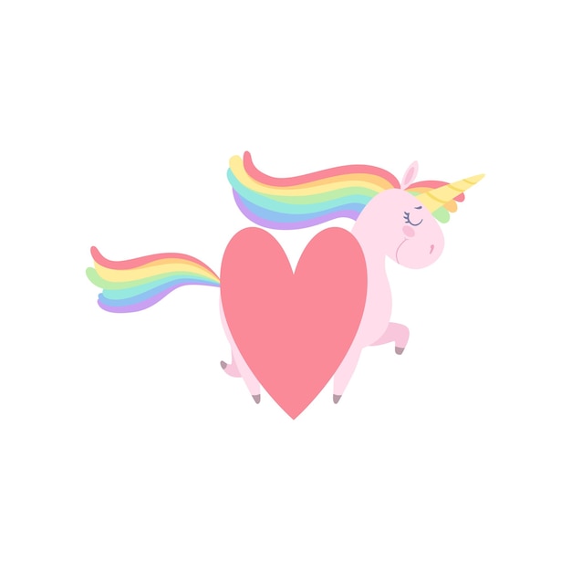 Precioso unicornio con corazón rojo lindo personaje animal de fantasía con ilustración de vector de pelo de arco iris encendido