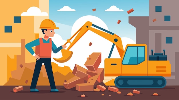 Vector la precisión y la habilidad de un operador de excavadora de demolición que desmonta cuidadosamente un edificio dañado