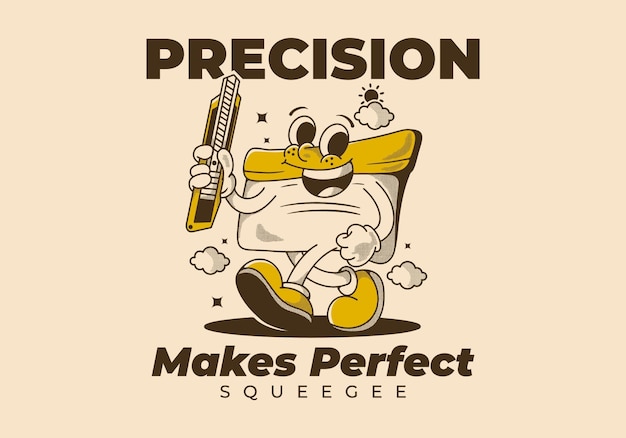 La precisión hace perfecto el personaje de la mascota Squeegee sosteniendo una cuchilla de estilo vintage