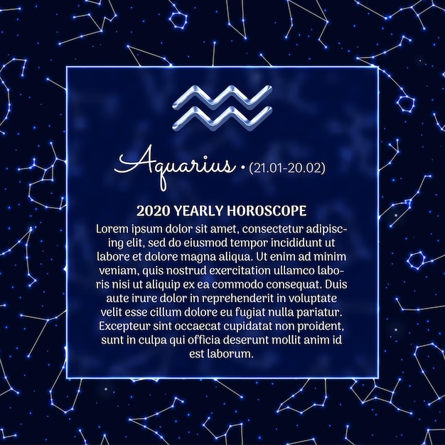 Vector predicción del horóscopo astrológico de acuario para el año 2020 signos zodiacales luminosos en fondo azul signo estelar de acuario fechas de nacimiento y rasgos de personalidad diseño vectorial místico del horóscopo anual