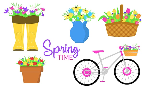 Prediseñadas de primavera con flores Ramos de flores en botas cestas florero olla y bicicleta