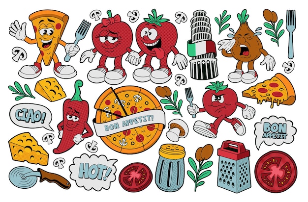 Prediseñadas de vector de pizza, un conjunto de ilustraciones de dibujos animados vectoriales para un tema de pizza