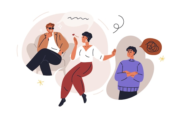 Preferir otra pareja romántica negarse a romper con el hombre Triángulo de amor concepto de elección del amante Mujer elige novio coquetea con otros Ilustración vectorial plana aislada sobre fondo blanco