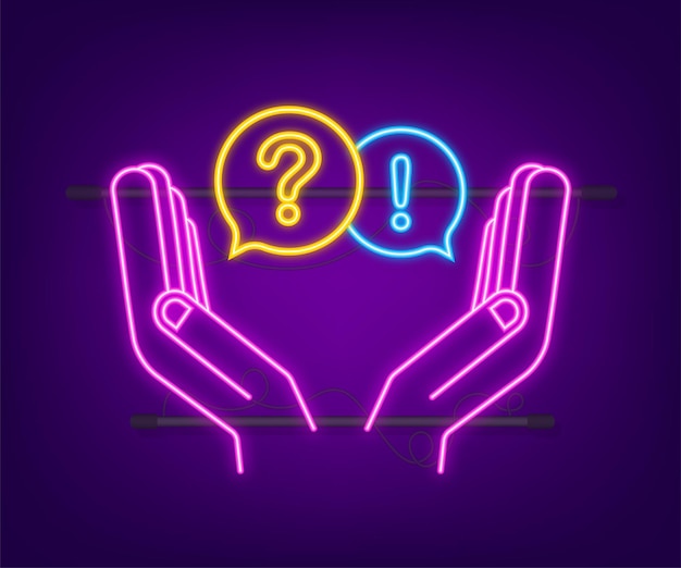 Pregunta y respuesta Bubble Chat colgando sobre las manos sobre fondo blanco Icono de neón