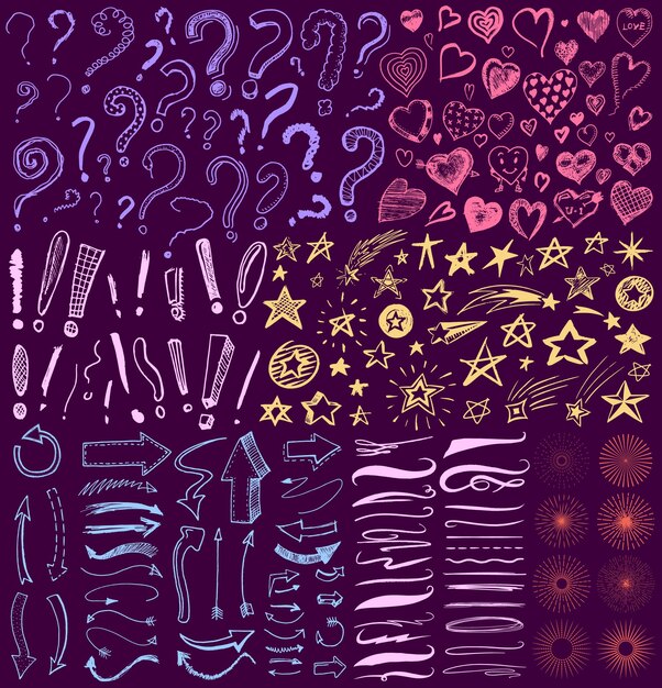 Pregunta, signo de exclamación, subrayado y corazones. Estrella y marcador. Pincel líneas y trazos artísticos. Colección de iconos y signos. Por qué. Dibujo de garabato dibujado a mano. Elementos grunge caóticos abstractos.