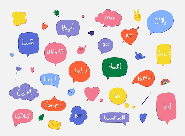 Preguntas coloridas burbujas de habla establecidas en diseño plano con mensajes cortos