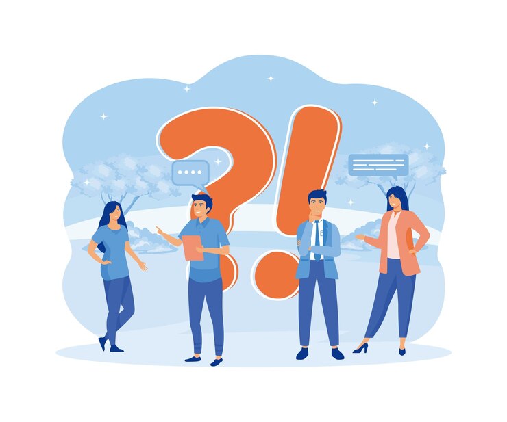 Vector preguntas frecuentes personas haciendo preguntas hombres y mujeres preguntas y respuestas plataforma de comunicación en internet concepto de vector plano ilustración moderna