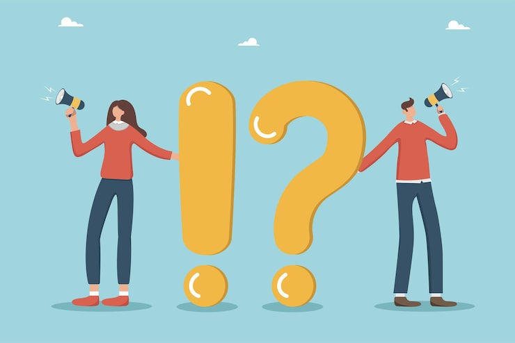 Vector preguntas y respuestas, preguntas y respuestas, preguntas frecuentes, preguntas frecuentes. un hombre y una mujer hacen preguntas.