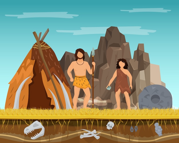 Vector prehistórico, pareja, mujer y hombre, permanecer, tienda antigua, pasado, edades, tiempo, carácter, macho, hembra, plano, vector, illustration