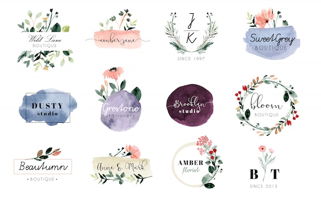 Vector premade logo floral y pincelada colección acuarela