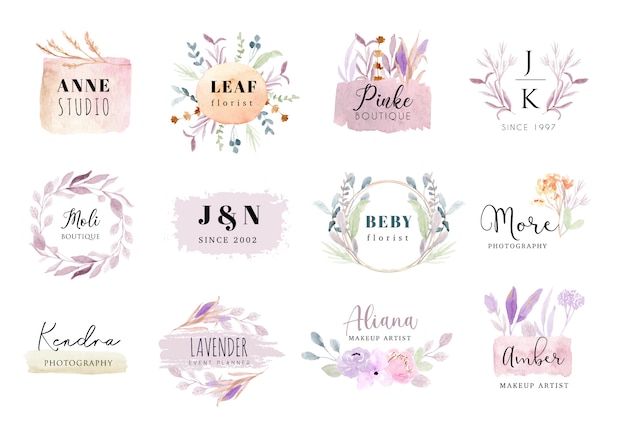 Premade logo soft pastel floral y pincelada colección acuarela