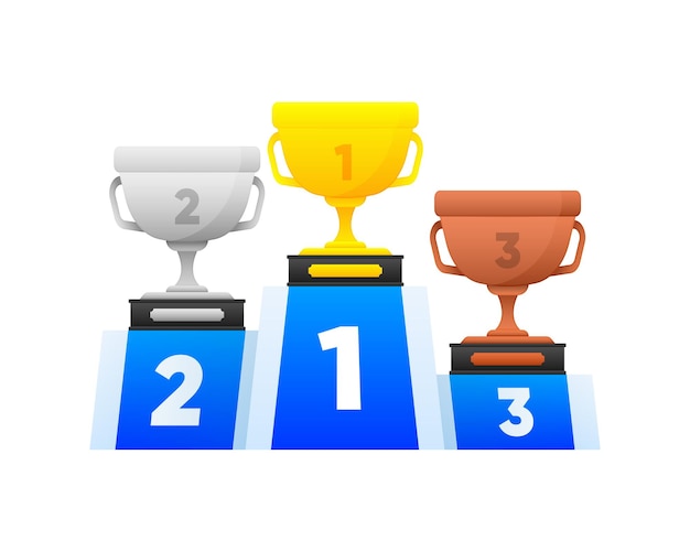 Premio al ganador por el 1o, 2o y 3o lugar Premios al ganador Copas de oro, plata y bronce en el podio Vector