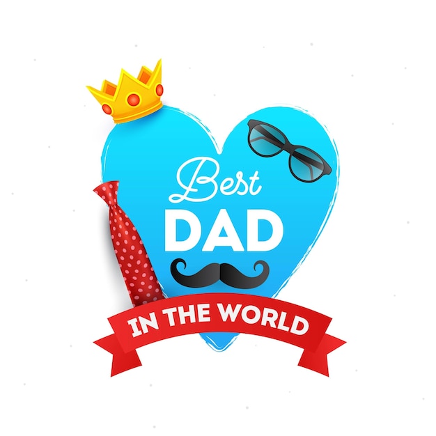 Vector premio al mejor papá en el mundo que presenta el diseño del cartel con la corona dorada y el hipster masculino en el concepto de celebración del día del padre feliz en forma de corazón azul