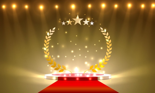 Premio al podio en el fondo con focos. ilustración vectorial