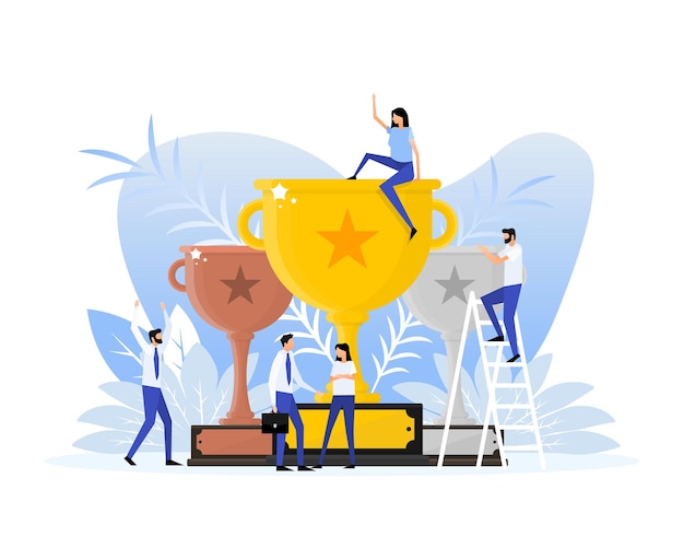 Premio de éxito a las personas en estilo plano sobre fondo dorado Campeón trofeo copa de oro Ilustración plana