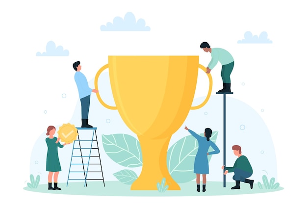 Premio del ganador Copa de Oro trofeo de personas pequeñas celebrando el logro corporativo