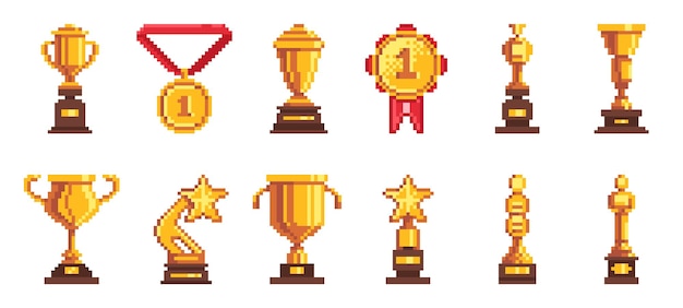 Premio de juego de píxeles Retro vintage 8 bit videojuego sprite brillante dorado ganador trofeo copa campeón medalla primer lugar recompensa vector icono aislado conjunto número uno campeonato emblema de logro deportivo