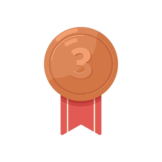 Premio medalla de bronce al tercer lugar. Los ganadores del 3er premio recompensan con el número 3 tres. Insignia de metal con cinta. Medallón brillante círculo realista. Ilustración de vector plano aislado sobre fondo blanco.