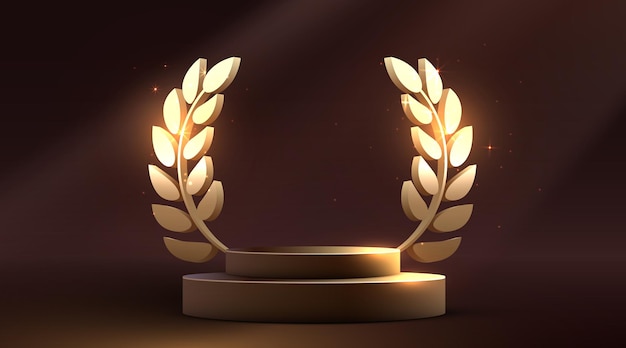 Premio podio con hojas de oro ganador o concepto de logro
