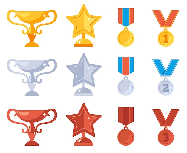 Premio trofeo icono recompensa premio rango medalla copa aislado conjunto plano diseño gráfico ilustración