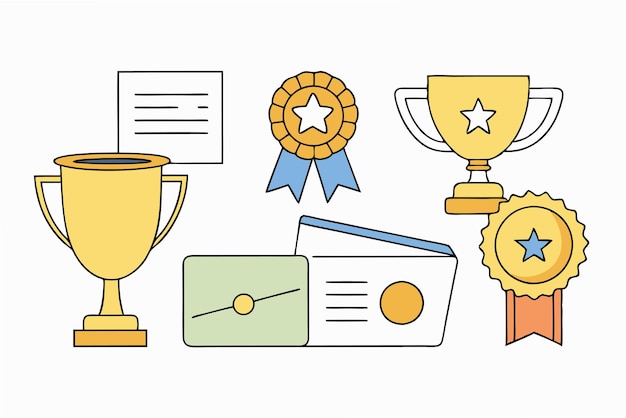 Premios de estudiantes Trofeos Medallas y certificados Ilustración vectorial Clipart de dibujos animados
