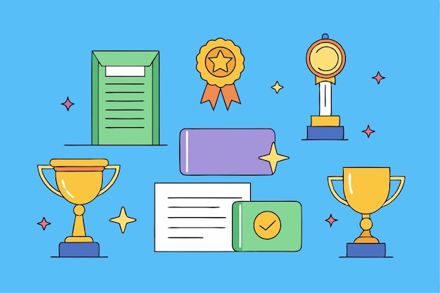 Premios de estudiantes Trofeos Medallas y certificados Ilustración vectorial Clipart de dibujos animados