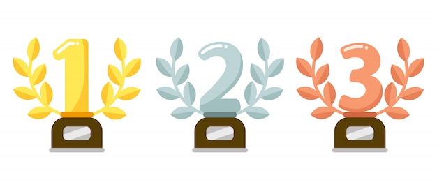 Premios trofeos. Premio de la Copa de oro del primer lugar, corona de laurel de plata y trofeos de bronce ilustración plana