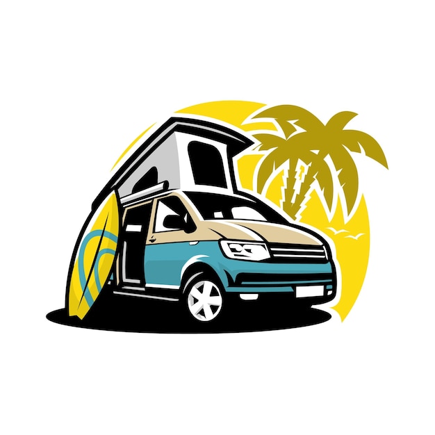 Premium Camper van caravan surf en la playa ilustración vectorial