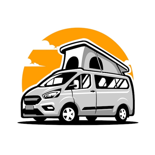 Premium Camper Van Vector Ilustración en paisaje al aire libre