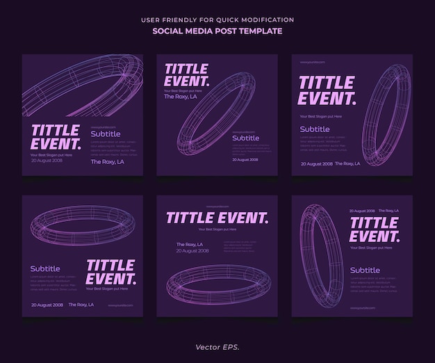 Premium conjunto de plantillas editables de redes sociales banner wireframe abstracto 3d vector de objetos púrpura simple