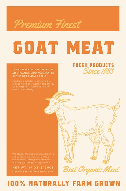 Premium Finest Goat Steak Abstract Vector Meat Packaging Product Label Design Tipografía retro y diseño de fondo de silueta de bosquejo de cabra dibujado a mano