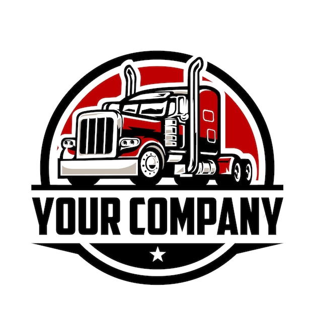 Premium Freight Company y camión de 18 ruedas en el logotipo del emblema de estilo circular