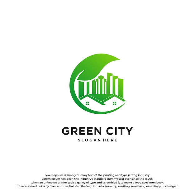 Premium Green City con diseño de logotipo de hoja de bienes raíces.