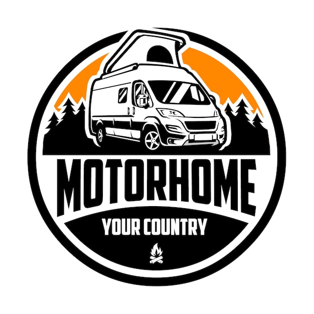 Premium Motorhome camper van círculo emblema logotipo ilustración. Lo mejor para el diseño de pegatinas y camisetas.