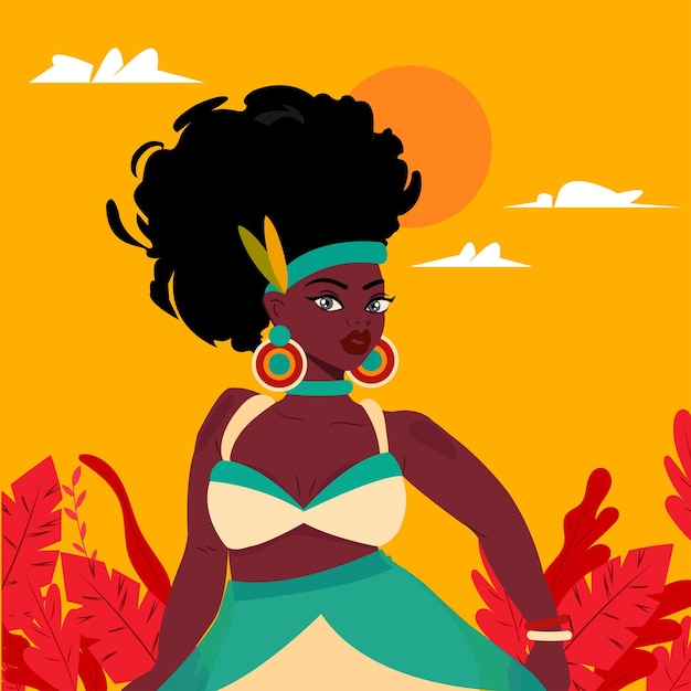 Vector premium vector hermosa mujer africana con pelo rizado y paisaje de fondo sabana stock vector