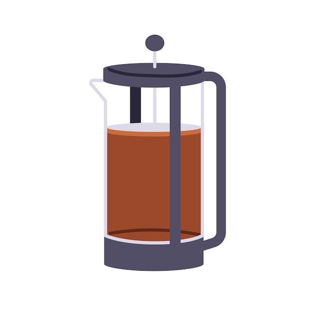 Prensa francesa olla de café de vidrio Cafetiere cafetera con pistón Dispositivo de cocina prensa francesa para hacer cerveza café bebida té bebida Ilustración vectorial plana aislada sobre fondo blanco