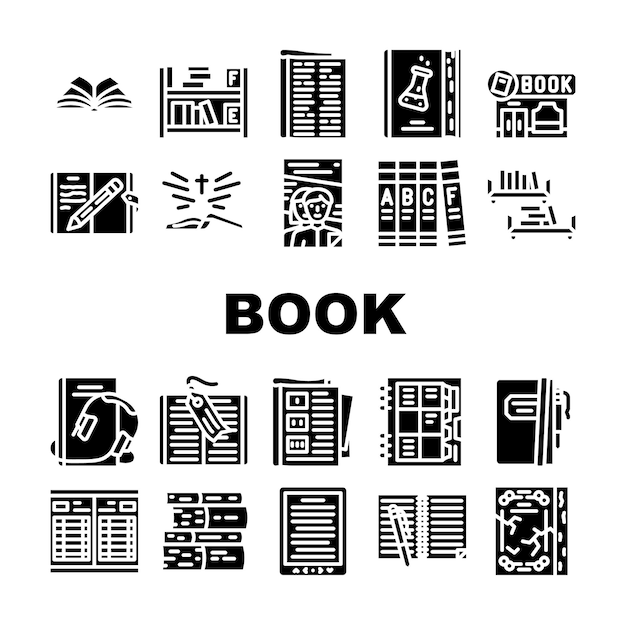 Prensa de libros y revistas para iconos de lectura Conjunto Accesorio de marcador vectorial para leer Enciclopedia y Diario de la Santa Biblia y Cuaderno Libro de audio electrónico educativo Pictogramas de glifos Ilustración negra
