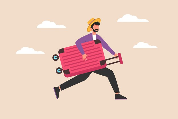 Preocupado turista masculino con equipaje corriendo a toda prisa por el avión en el aeropuerto Concepto del día mundial del turismo Ilustración de vector de dibujos animados planos de color