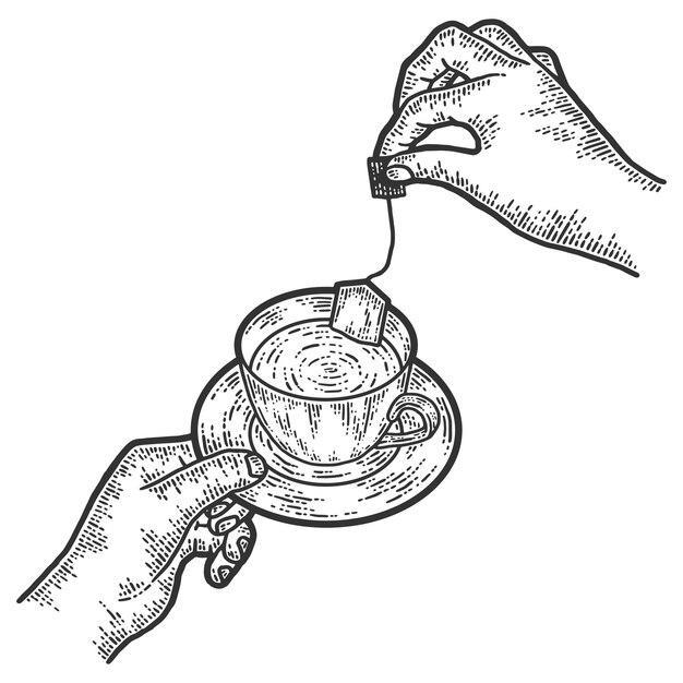 Prepara una bolsita de té en una taza Imitación de tablero de dibujo en blanco y negro