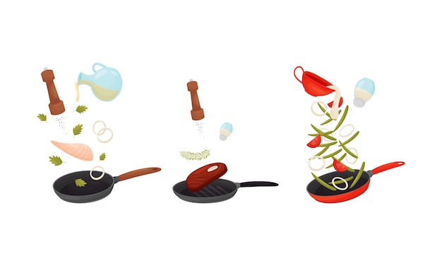Preparación de alimentos con placas flotantes de carne y verduras Cocina en el conjunto vectorial de sartenes