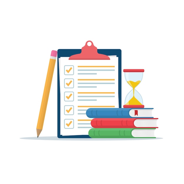 Preparación para exámenes en la escuela o la universidad Lista de comprobación del concepto del examen y reloj de arena Elegir la forma de la respuesta Cuestionario de educación Ilustración plana vectorial Formación en línea10 eps