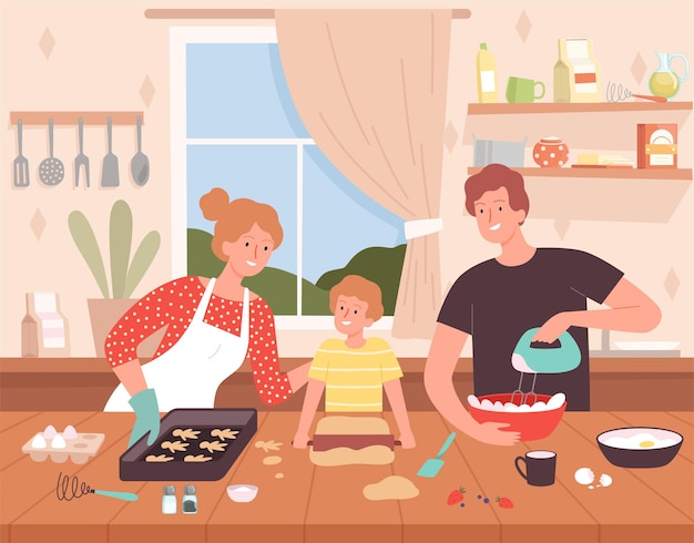 Vector preparando comida en la cocina. fondo de dibujos animados con personajes familiares felices haciendo deliciosos productos chef hornear vector. familia cocinando juntos, madre, padre e hijo, ilustración.