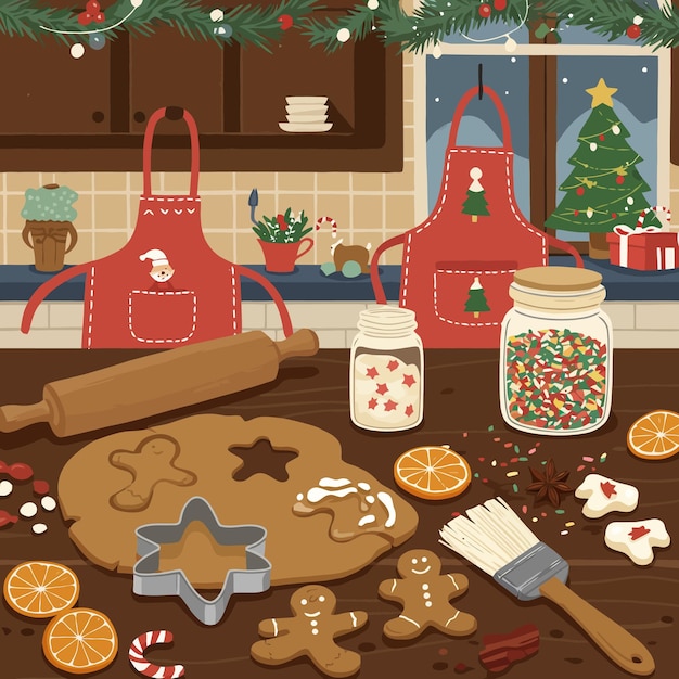 Preparando galletas de pan de jengibre navideñas con decoraciones festivas en la cocina