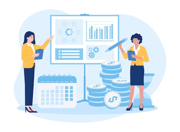preparar informes mensuales calendarios gráficos estadísticas y tecnología digital concepto ilustración plana
