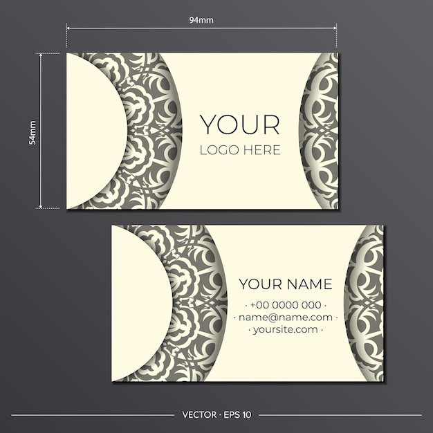 Prepare tarjetas de presentación de color crema claro con hermosos patrones vectoriales con diseños de mandala. Plantilla para tarjeta de visita de diseño de impresión con adorno de monograma.