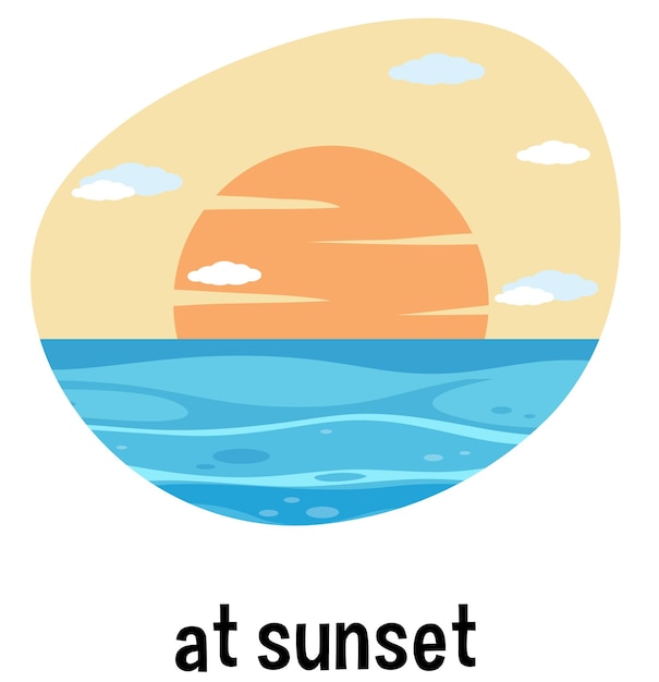 Vector preposiciones de tiempo en inglés con escena de puesta de sol