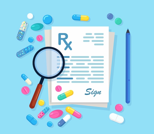 Vector prescripción de rx con lupas, bolígrafo aislado sobre fondo. documento de la clínica con pastillas, tabletas, cápsulas, medicamentos. lista de medicamentos. diseño plano