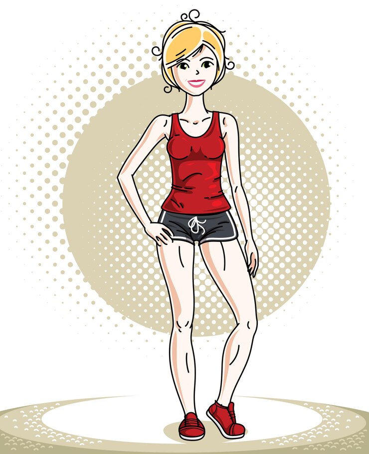 Vector presentación atlética rubia hermosa joven de la mujer. ilustración de vector de mujer atractiva con pantalones cortos y camiseta. dibujos animados de tema de estilo de vida activo y saludable.