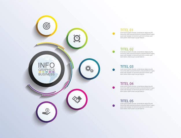 Presentación círculo de plantilla de infografía empresarial colorido con cinco pasos