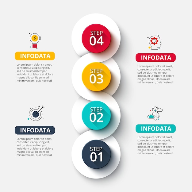 Presentación de diapositivas de infografía. Concepto de visualización de proyectos empresariales con 4 opciones o pasos.